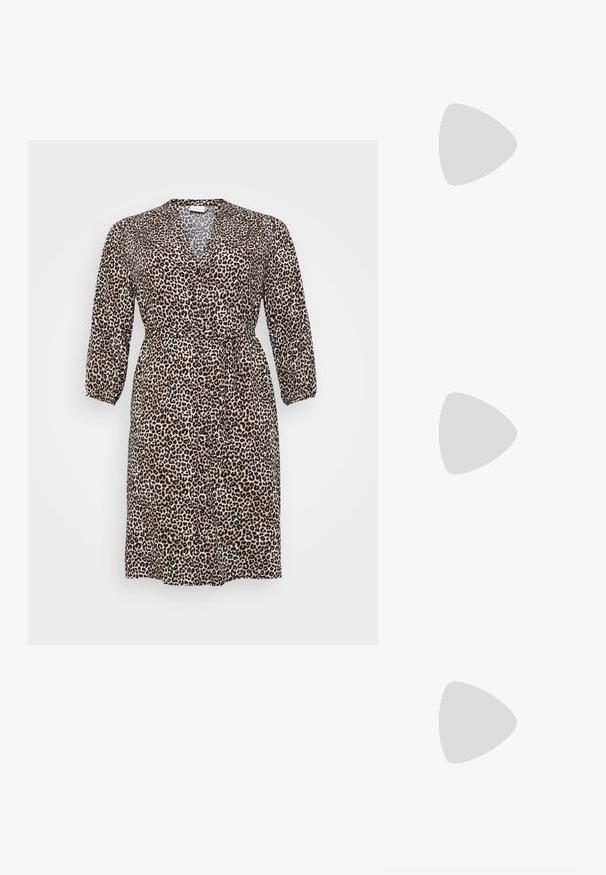 Leopardi mustriga kleit, mis on valmistatud kerge kangaga, omab V-kaelust, pikki varrukaid, nööbikinnitus ja reguleeritava vöökohtadega. ; Must naiste slingback-konts, millel on terav nina, kitsas kont ja dekoratiivne metallist aktsent ees. Sile tekstuur ja minimalistlik disain.; Must mustaga must nahk, millel on ristkülikuline kuju, ainulaadse sõlmega käepide ja eemaldatav õlavarre rihm. Sile tekstuur ja minimaalsed õmblused.; Hõbedane rõngas kõrvarõngas poleeritud viimistlusega, millel on väikesed kuldsed aktsendid ja ümmargune kuju, kantud lobus.