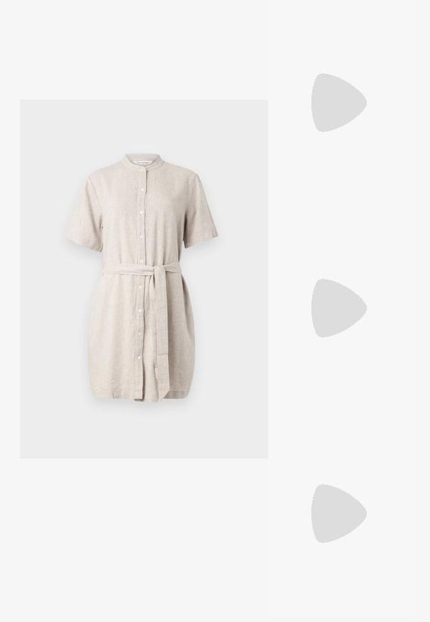 Linen shirt dress in light beige, short sleeves, button-up front, mandarin collar, tied waist belt, and slightly loose fit.; Pointed-toe high heel shoe with a silver, gold, and nude color scheme. Glossy finish with cutout design, featuring a stiletto heel.; Silver metallic pouch bag with a soft, rounded shape and a knotted top closure. Made from smooth faux leather material.; Silver hoop earrings with a twisted design, featuring a polished finish and post-back closure. Measure approximately 3 cm in diameter.