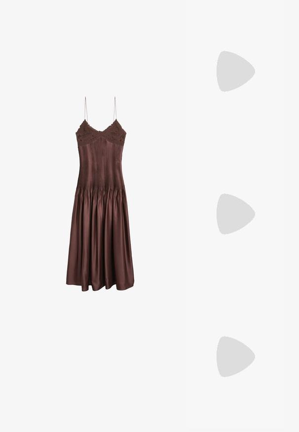 Brown satin dress with a pleated bodice and lace trim at the top, featuring thin straps and a flowing skirt. Smooth texture throughout.; Black satin camisole with a lace V-neckline and thin straps, worn with dark blue jeans, against a neutral background.; Black and gray suede athletic shoe with a rubber sole, featuring gold branding and a textured mesh panel on the side.; Black cat-eye sunglasses with dark lenses, a glossy frame, and a gold-tone accent on the temples. Features a smooth texture throughout.; Black silk scarf featuring white polka dots arranged in a gradient pattern, with a knotted top and subtle logo embroidery at the base.; Black suede tote bag with smooth leather accents, elongated shape, dual handles, and a gold-tone hardware detail at the front.
