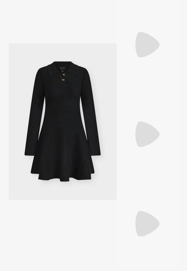 Black knitted dress with a collared neckline, three-button front, and long sleeves. Flared skirt design, smooth texture, minimal embellishments.; Silver slingback high heel shoe with a pointed toe, metallic finish, two decorative straps, and a slender heel with a black tip.; Black croc-embossed leather bag with a curved shape, gold hardware accents, an adjustable strap, and a logo detail at the front.; Gold-tone metal earring with a sleek, curved design. Features a distinctive pointed shape, polished surface, and hinge closure.