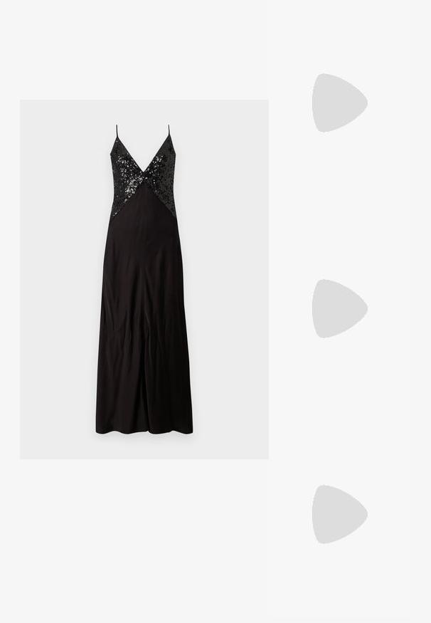 Juodas vakarinis suknelė su plonomis petnešėlėmis, turinti prigludusią, blizgančią liemenę ir laisvai krintantį sijoną. Lygus audinys su šiek tiek blizgesio.; Juodas odinis pavasario batelių modelis su smailiu nosiu, turintis siaurą kulniuką ir auksinės spalvos akcentu reguliuojamoje juostoje. Lygi tekstūra.; Juodas odinis petinis krepšys su minkšta tekstūra, trikampiu pavidalu ir reguliuojama juosta, derinamas su šviesiai mėlynu dryžuotu marškinėliu ir baltais džinsais.; Sidabrinės auskarai žiedai su lygiu, blizgiu paviršiumi. Suapvalinta forma, lengvas dizainas, su uždarymu ant smeigtuko.