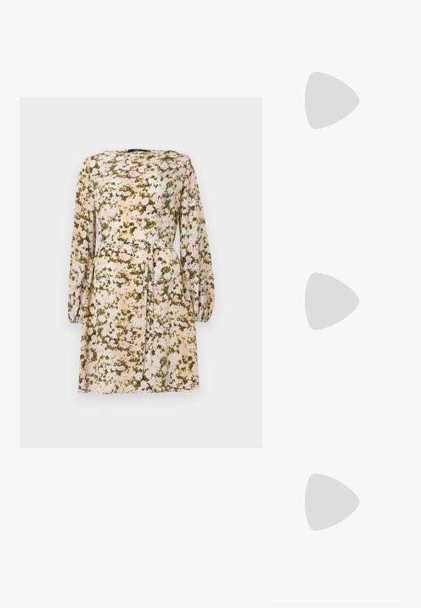 Floral dress in lightweight fabric, featuring a cream base with pink and green floral pattern, long sleeves, and a tied waist detail.; Black leather ballet flat with a rounded toe, smooth texture, minimal stitching detail, and a flexible sole design.; Brown leather handbag with a flap closure, gold-tone hardware, a shoulder strap, and a smooth texture. Compact rectangular shape.; Gold-tone knot stud earrings with a twisted design. Each earring features a circular clear backing for secure wear.