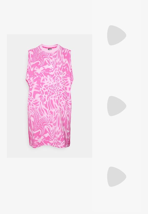 Sleeveless pink top with a swirling white pattern, crew neckline, and side slits. Made from soft, lightweight fabric.; Black patent leather slingback heels with a pointed toe and a small block heel, featuring a silver buckle accent on the strap.; White leather handbag with a curved shape, adjustable strap, and a small buckle detail. Model wears a fitted black outfit.; Gold-tone earrings featuring textured, wavy shapes. Includes sculptural clip-on studs and open hoop design with a hammered finish.