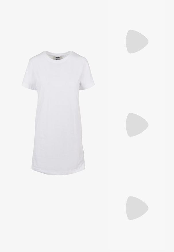 Urban Classics Obleka iz džersija - white; Bershka Sandali z visoko peto - black; Črne mačje očala z sivimi lečami. Plastičen okvir ima ostre robove in gladko, sijočo površino.; Črna usnjena torbica z strukturiranim dizajnom, zgornjim ročajem in zlate kovinske sponke na sprednji strani. Gladka tekstura, minimalno šivanje.