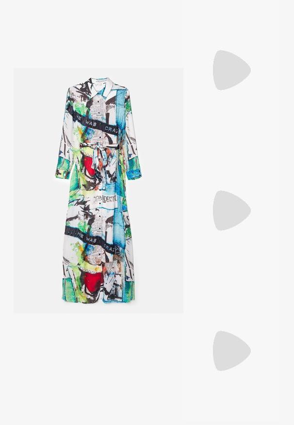 Alice + Olivia CHASSIDY SHIRT DRESS - Marškininė suknelė - confidential; Juodai lakuoti slingback aukšti kulniukai su smailiu nosiu, reguliuojama čiurnos juostele ir vidutinio dydžio blokiniu kulnu. Lygus paviršius su blizgiu apdaila.; Juodas tinklinis pirkinių krepšys su siuvinėtomis gėlių raštais, turintis tvirtus juodus rankenėles ir logotipo etiketę priekyje. Permatomas medžiaga.; Sidabrinės širdelės formos užraktai su išgraviruotais žodžiais "TAIP" ir "NE", poliruotas paviršius, simetriškas dizainas ir tvirtas metalinis užraktas.