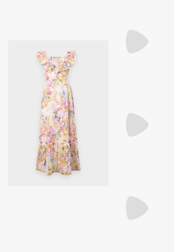 Vestido maxi floral com mangas plissadas, apresentando um corpete franzido, em cores pastel de rosa, azul e amarelo. Feito de tecido leve.; Camiseta de algodão branca com um grande gráfico de lagosta vermelha brilhante na frente. Mangas curtas e design de gola redonda padrão.; Sapatilha alta de tela branca com sola de borracha preta, bico de borracha na frente e seis ilhós para os atacadores, apresentando um design limpo e minimalista.; Bolsa de mão em couro vermelho com um design angular e geométrico. Apresenta uma única alça ajustável e um fecho com aba, com detalhes cosidos.