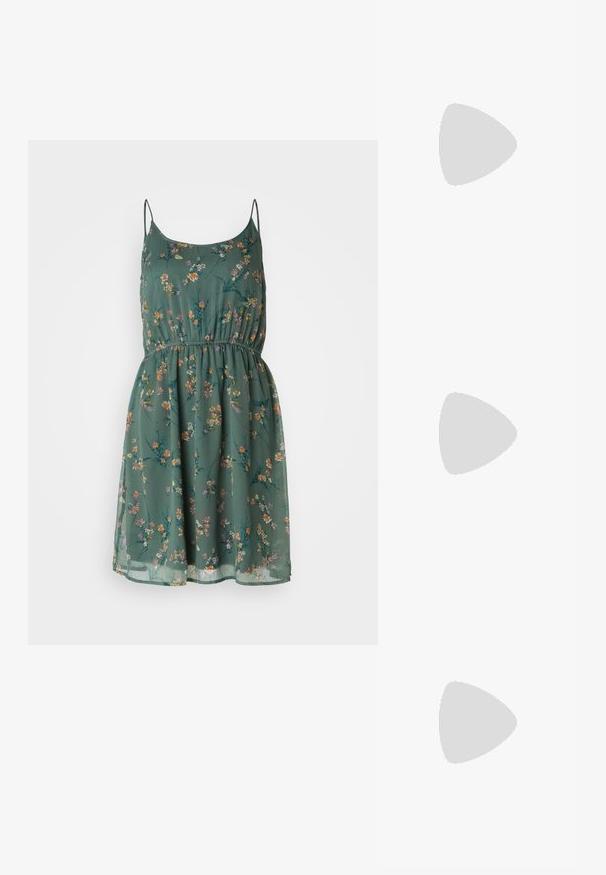 Rochie florală din material verde, cu talie strânsă, bretele subțiri și fustă vaporoasă. Designul include modele florale multicolore.; Pantof de piele neagră cu toc înalt, cu vârful ascuțit, design curbat și toc subțire de 5 cm. Textură netedă, cu minimalizarea ornamentelor.; Ochelari de soare dreptunghiulari albi, cu lentile închise la culoare, finisaj mat neted și brațe groase cu un design unghiular.; Cercei din argint în formă de cerc, cu un charm în formă de stea, având un rhinestone central; include o a doua pereche de cercei simpli din argint.