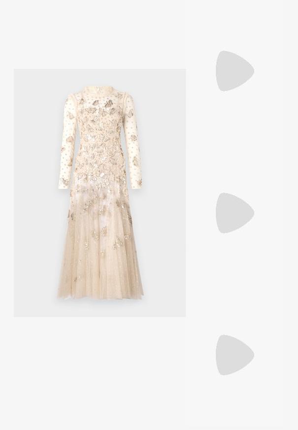 Needle & Thread PAPILLON ANKLE GOWN - Apģērbs svinīgiem gadījumiem - parchment; Baltas siksniņveida papēdis ar smailu purngalu, gludu augšējo materiālu, zemu blokpapēdi un sānu izgriezumu dizainu ar regulējamu sprādzi.; Apaļas saulesbrilles ar tumšiem objektīviem un zeltītām rāmēm. Modelis valkā gaiši zilu, ribotu kardigānu ar pogām un kontrastējošām baltām piedurknēm.; Michaela Korsa rokassomi bez̦ā īšojuma, kas izgatavota no apklāta kanvas, iekļaujot atkārtotu MK logotipa rakstu, zelta aparatūru un noņemamu ķēdes siksnu.