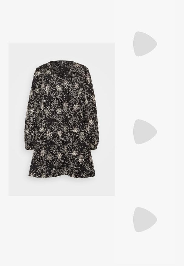 Robe noire avec un design floral et contour blanc, manches bouffantes longues, col rond et une découpe en forme de clé à l'avant.; Escarpins en cuir verni noir avec bout pointu et talon bloc géométrique. Présente un design élégant et minimaliste ainsi qu'une texture lisse.; Une paire de lunettes de soleil rectangulaires avec des montures translucides bleu clair et des verres gris foncé, présentant des branches droites et des détails matériels minimaux.; Sac à main en cuir noir avec une forme courbée, bandoulière amovible et des accessoires en or. Le sac est doté d'un rabat avec un détail de boucle.