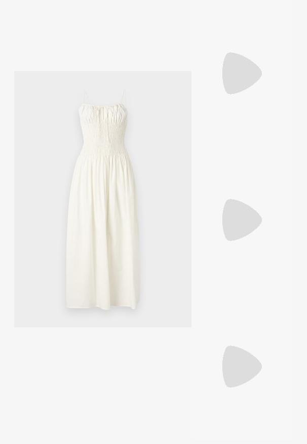 Faithfull the brand AYA STRING MIDI DRESS - Robe de jour - white; T-shirt blanc à manches courtes en tissu côtelé. Col rond, coupe régulière et détails de couture subtils. Aucune motif ni graphique.; Ballerines en cuir noir avec un bout rond, texture lisse, détails de couture minimalistes et design de semelle flexible.; Sac à main en cuir marron avec une fermeture à rabat, des accents en métal doré, une bandoulière et une texture lisse. Forme rectangulaire compacte.