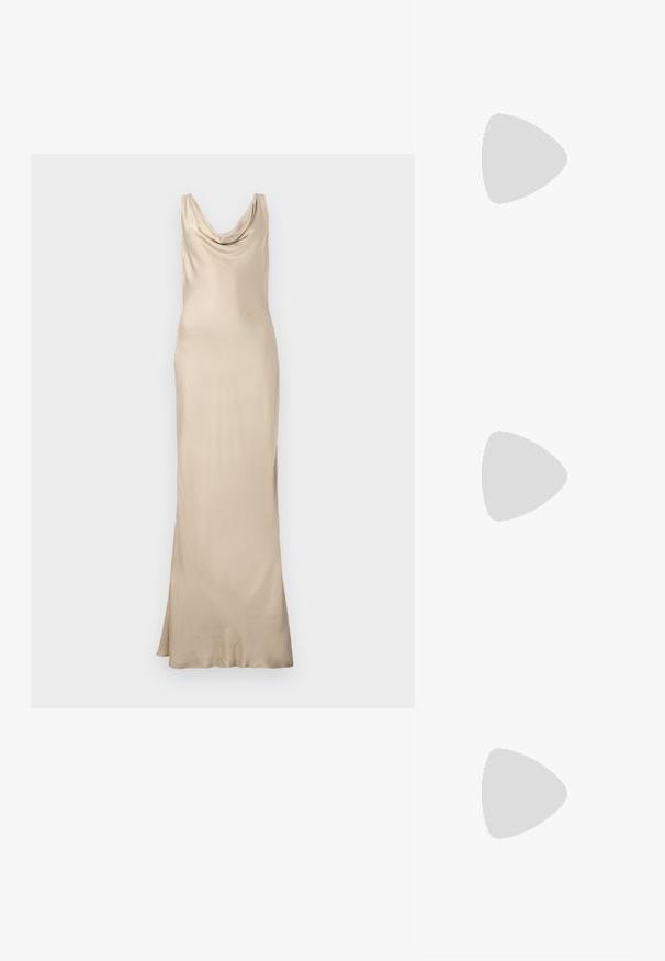 Malina LEAH  - Iltapuku - champagne; Mustat korkokengät sandaalit, joissa on ohuet hihnat solmittuna, sileä neliön muotoinen varvasosa ja tyylikäs stiletto-korko.; Vaalea harmaa metallinen käsilaukku, jossa on ketjusanka. Laukku on koristeltu pienillä pyöreillä metallikoruilla ja kolmion muotoisella brändilogolla.; Hopehopeet hopehopeet hopehopeet hopehopeet, jolla on sileä, kiiltävä pinta. Pyöreä muoto, kevyt rakenne, jossa on neulakiinnitys.