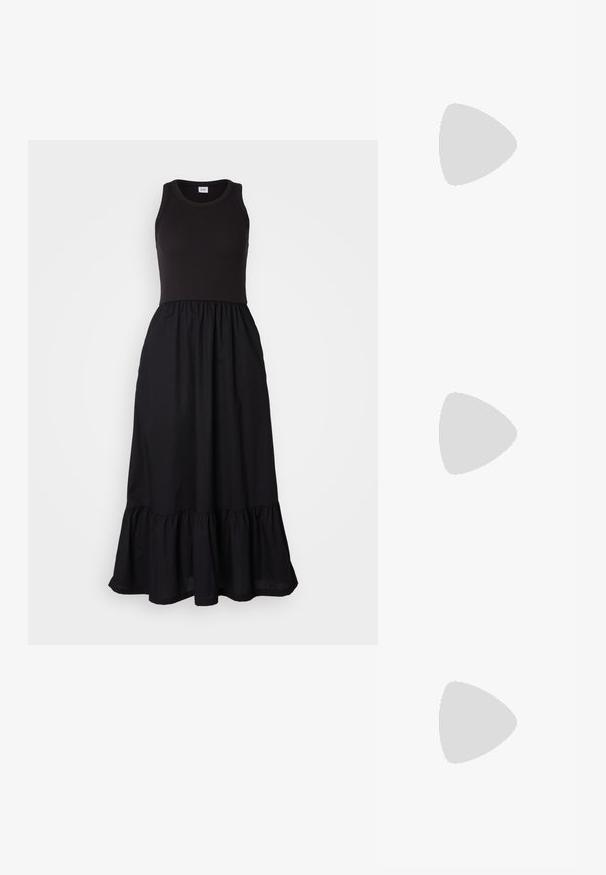 Gap Tall MIDI DRESS - Dnevna obleka - black; Črne natikače s trakovi in kvadratnim prstom ter nizkim blokastim peto. Imajo več tankih trakov in nastavljiv trak okoli gležnja. Narejene so iz gladkega usnja.; Črna usnjena torba čez ramo z gladko teksturo, pravokotno obliko in kovinskim verižnim detajlom spredaj. Vključena je nastavljiva naramnica.; Srebrn dvojni prstan z gladko, polirano površino. Ima tekoč, ukrivljen dizajn z prekrivajočimi se sekcijami za sodoben videz.