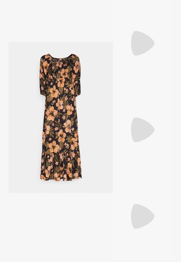 Mustaline mustaline kleit, millel on kolmveerandi varrukad, millel on oranžid hibiskusmustandid ja rohelised lehed, flared äär ja rütmiline rinnaosa.; Must musta nahk kingad sanga ja terava ninaga, ankle strapidega, millel on hõbedased pandlad ja riistvara ning õhuke konts.; Mustmust mustraha kõverate joontega, eemaldatava rihmaga ja kuldsete detailidega. Kotil on klapp, millel on pandladetail.; Kuldtoonis sõrmus, millel on orgaaniline, keerdunud disain sileda tekstuuri ja kitsenevate otstega, luues kaasaegse skulptuurilise välimuse.