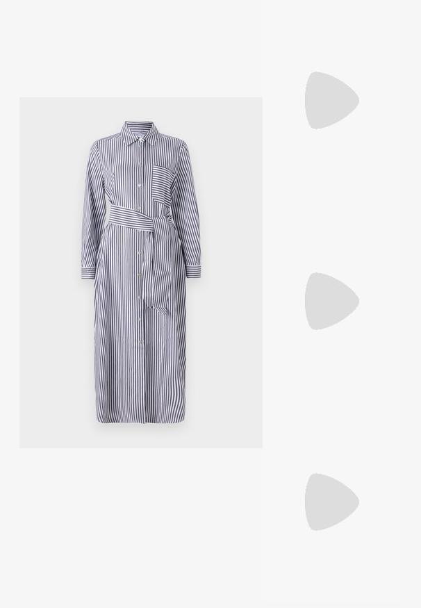 Abito a righe con colletto, maniche lunghe, bottoni frontali, cintura in vita e una tasca sul petto. I colori sono blu navy e bianco.; T-shirt bianca a maniche corte realizzata in tessuto a costine. Collo rotondo, vestibilità regolare e dettagli di cucitura sottili. Senza motivi o grafiche.; Pantofole da balletto nere in pelle con punta arrotondata, texture liscia, dettagli di cucitura minimi e design con suola flessibile.; Borsa a tracolla in pelle marrone con chiusura a pattina, hardware color oro, tracolla e una finitura liscia. Forma rettangolare compatta.
