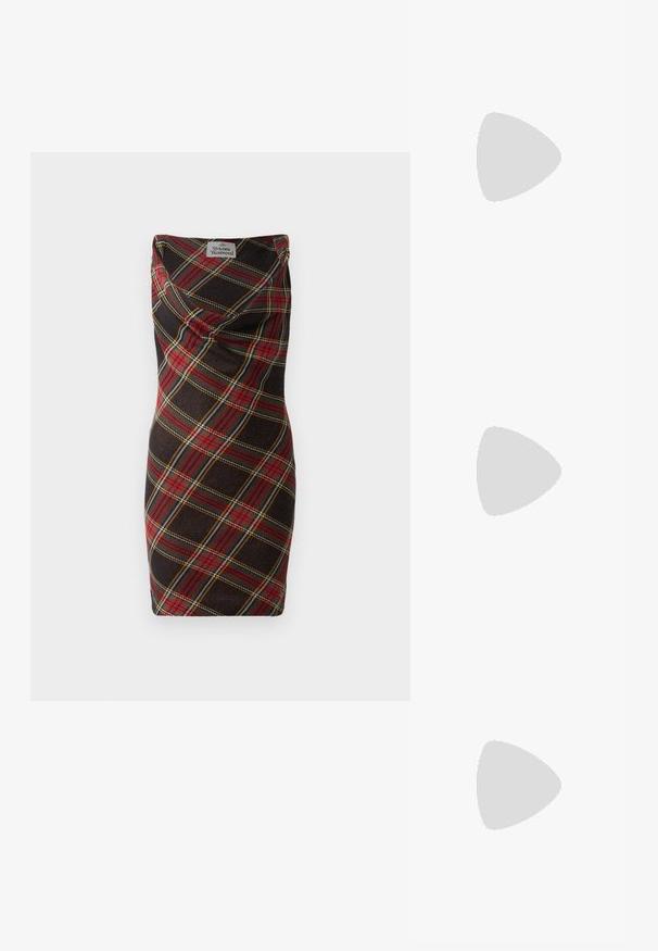 Black and red plaid dress with a draped neckline. Made of soft fabric, it features yellow and white lines in a checkered pattern.; White polo shirt with a purple and black striped collar, features two brown buttons and an embroidered logo on the chest. Short sleeves.; Black leather loafers with a smooth finish, stitched detailing around the toe, and a low rubber sole. Paired with wide black trousers.; The Kooples SAC - Handbag - black