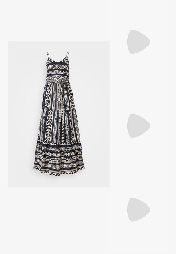 Mørkeblå maxikjole med spaghetti-stropper, som har et geometrisk mønster i kremfarge, innsnørt midje og lagdelt skjørt. ; Sorte skinn ballet flats med spiss tå, justerbar stropp og lav hæl; glatt tekstur med minimalistisk design.; Kremfarget polstret håndveske med buet håndtak og glidelås. Den har en glatt tekstur og rund form som gir et moderne utseende.; Sølv hoop øredobber med en stjernesformet anheng som har en sentral rhinestone; inkluderer et andre par med enkle sølv hoops.