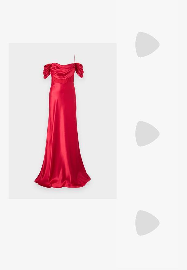 Rachel Gilbert SAWYER GOWN - Iltapuku - red; Musta patent slingback-kiilakorko teräväkärkisellä muotoilulla, jossa on teksturoitu käärmeennahkakuosi, säädettävä remmi ja lyhyt, teksturoitu blokkiheel.; Musta nahkainen olkalaukku, jossa on kaksi etutaskua, kultaiset soljet, vetoketjukiinnitys ja kapea hihna. Teksturoidun pinnan ja kompaktin suorakaiteen muoto.; Korvakorut kultasävytteistä metallista, joissa on kaareva, pitkänomainen muoto. Ominaisuuksiin kuuluu sileä, kiiltävä pinta ja pyöreä kärki lisäyksinä.