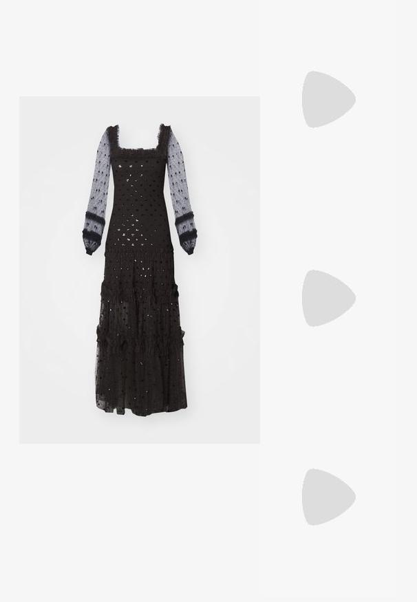Black maxi dress with long sheer sleeves, square neckline, ruffled accents, textured polka dot pattern, and layered frill detailing.; Black leather sandals with gold buckle accents, featuring multiple straps and a flat sole design for open-toe wear.; Black handbag made of textured leather, featuring a diamond pattern, gold-tone chain strap, and a top handle with a logo-embossed flap closure.; Gold-tone metal hoop earrings with a curved, elongated shape. Features a smooth, shiny surface and a rounded tip for added detail.