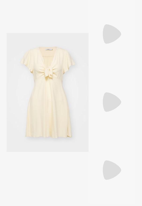 Short-sleeve, light yellow dress with a tie front. Soft, textured fabric, V-neckline, and flared skirt, offering a relaxed fit.; Gold vegan leather sandals with two adjustable straps, cork footbed, and dark rubber sole. Smooth texture with metallic finish.; Rectangular sunglasses with tortoiseshell plastic frame, dark lenses, and silver accents on the sides. Made in Italy.; Brown leather crossbody bag with logo pattern, gold chain strap, zipper closure, and gold hardware accents. Compact and rectangular shape.
