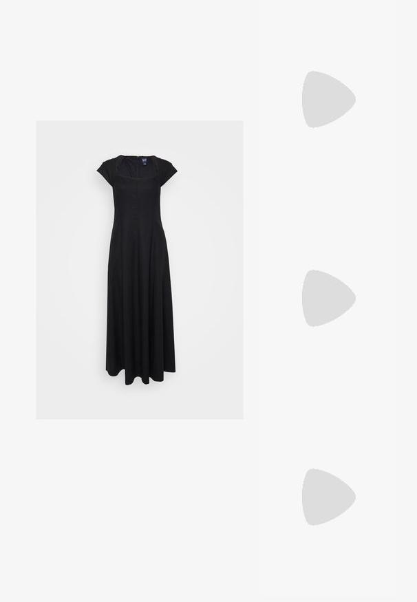 Vestido largo negro con mangas de capucha, escote cuadrado y cierre de cremallera en la parte posterior. Presenta un diseño fluido y una textura suave.; Sandalia negra de tiras con punta cuadrada y tacón bajo de bloque. Presenta múltiples tiras delgadas y una correa ajustable en el tobillo. Fabricada en cuero suave.; Bolso cruzado de piel negra con textura suave, forma rectangular y un detalle de cadena metálica en el frente. Incluye una correa ajustable.; Pendientes aros de plata con un diseño redondo y elegante, que presentan una superficie lisa y sin adornos visibles. Diámetro no especificado.