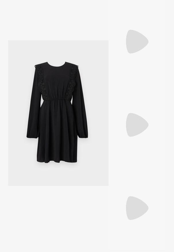 Black dress with long puff sleeves, round neckline, and floral lace detailing along the shoulders. Elastic waist, soft fabric, knee-length.; Brown leather cowboy boots with pointed toe and block heel, featuring detailed stitching and raised accents on the shaft.; Black leather clutch bag with a flap and a gold metal buckle detail. Includes a black strap and a sleek, minimalist design.; Silver hoop earrings with a twisted design, featuring a polished finish and post-back closure. Measure approximately 3 cm in diameter.