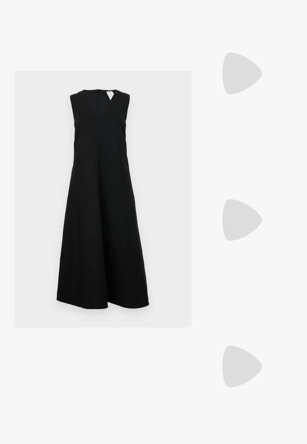 Black sleeveless dress featuring a V-neck, a relaxed fit, and a full skirt. Fabric appears smooth with no visible patterns or accents.; Black leather high heel shoe with a pointed toe and a round, balled heel. Smooth texture with a sleek, minimal design.; Black leather crossbody bag with a rectangular design, silver hardware accents, adjustable strap, and subtle embossed logo detail.; Hoop earrings featuring intertwined gold and silver rings, with a clear cubic zirconia accent and a textured band on one ring.