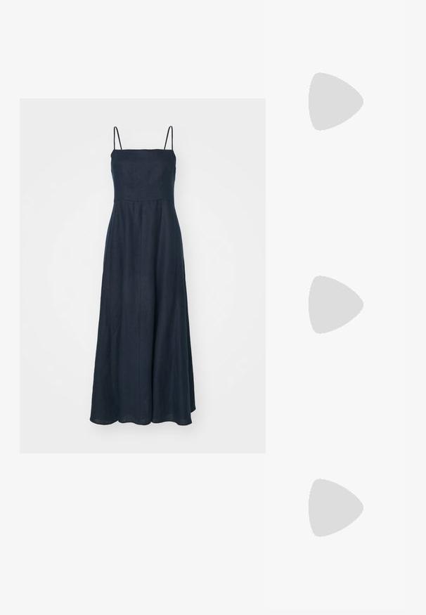 Robe maxi en lin bleu marine avec des bretelles fines, un corsage ajusté et une jupe fluide. Présente des coutures pour la structure et une texture lisse.; Chaussure slingback en cuir noir avec un bout pointu et un capuchon métallique doré. Présente un design découpé et un talon fin avec une sangle ajustable.; Maje MISS MINI - Sac bandoulière - noir; Boucles d'oreilles en ton or avec plusieurs chaînes en cascade, présentant des accents en strass ovales transparents et des dessus à clous décoratifs.