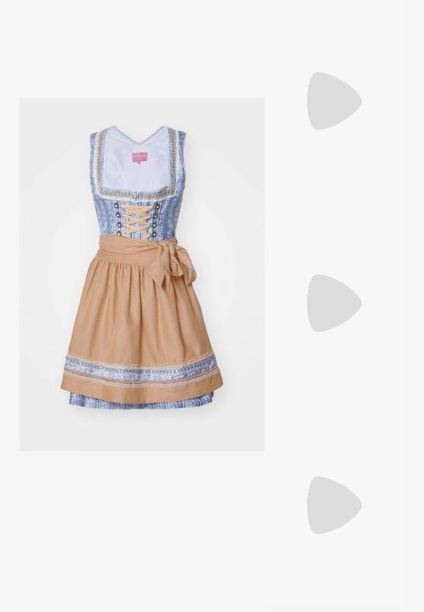 Dirndl traditionnel avec un corsage à motifs bleus, un devant à lacets et une jupe beige évasée ornée d'un nœud à la taille et de garnitures décoratives.; Escarpins en cuir verni noir avec bout pointu et talon bloc géométrique. Présente un design élégant et minimaliste ainsi qu'une texture lisse.; Sac à main structuré blanc avec de courtes poignées et une bandoulière, doté de accents en métal doré et d'un matériau texturé, présenté sur un fond gris.; Boucles d'oreilles clous en or doré lisse et asymétrique, avec des formes arrondies irrégulières sur fond blanc.