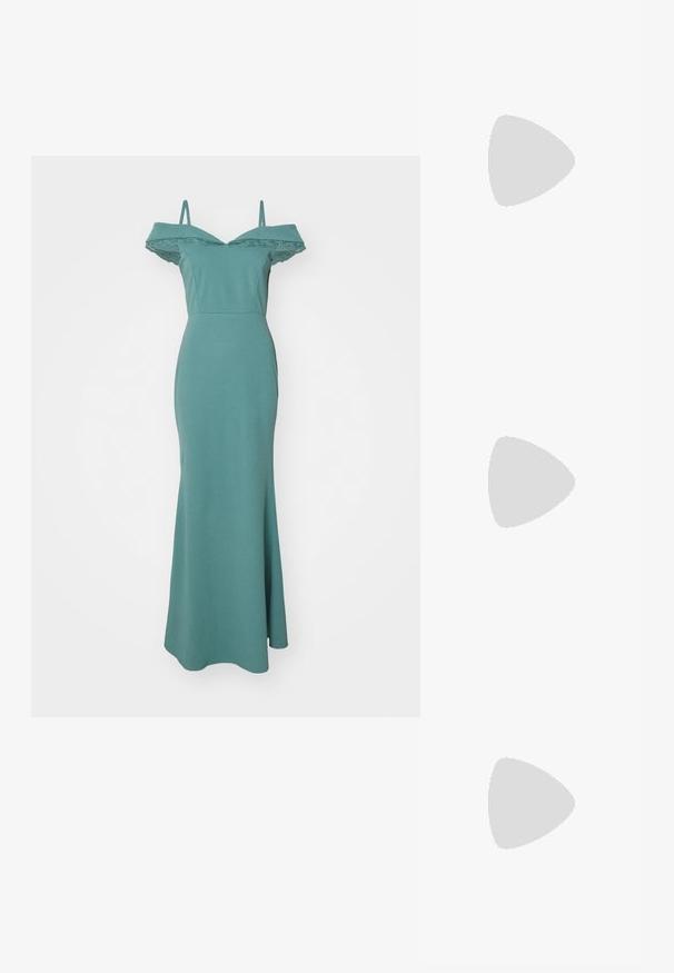 Rochie teal cu umăr descoperit, cu dantelă decorativă, corset ajustat și fustă evazată. Fabricată dintr-un material moale și elastic. Bretele subțiri ajustabile.; Sandale cu toc înalt din piele patent neagră, cu trei bretele orizontale și o bretea ajustabilă la gleznă. Siluetă elegantă și finisaj lucios.; Geantă de mână din piele neagră, cu clapetă și un detaliu din metal auriu. Include o curea neagră și un design elegant, minimalist.; Design de cercei răsuciți din argint cu curbe delicate, având mici strasuri clare de-a lungul suprafeței. Bază cu tijă pentru o purtare sigură.