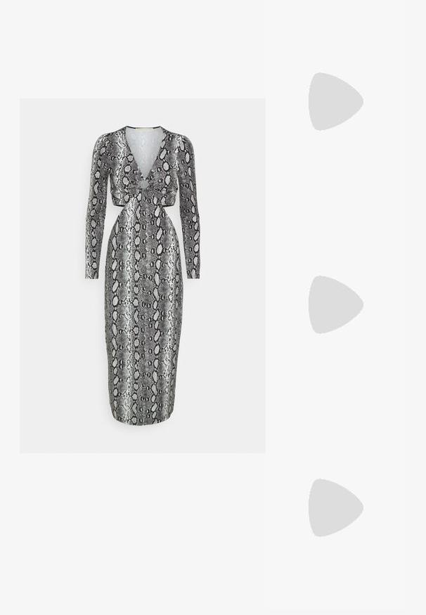 Pitkähihainen mekko, jossa on V-pääntie, musta ja hopea käärmeennahkakuosis, vartaloa myötäilevä siluetti ja etupään kierretyt yksityiskohdat.; Musta nahkainen slingback-korkokengät, joissa on terävä kärki, etuosassa leikkaus ja ohut stiletto-korko.; Mascara Pikkulaukku - gold-coloured/silver-coloured; Hopeva ripustettavat korvakorut, joissa on hopeinen metallinen, tekstuurihoitoinen muotoilu. Niissä on pieni postikiinnitys ja brändäys yhdellä hoopilla. Pyöristetty muoto ja kiiltävä pinta.