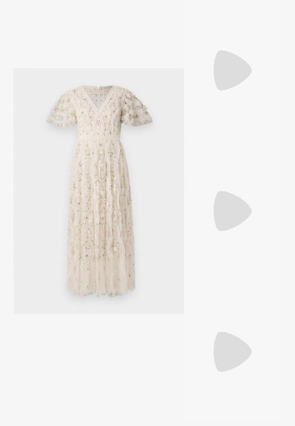 Besticktes Kleid aus elfenbeinfarbenem Stoff mit kurzen Puffärmeln, V-Ausschnitt, blumigen Mustern in Rosa und Grün sowie einem gestuften Rockdesign.; Weiße Leder-Sneaker, niedrig geschnitten, mit glatter Textur, runder Zehenpartie, Schnür vorne und kleinem gesticktem Logo an der Seite.; Schwarze Leder-Halbmondtasche mit einem goldenen Hardware-Akzent und einem Reißverschluss. Über einem grauen Pullover quer über den Körper getragen.; Goldfarbene Ohrstecker mit Knoten in gedrehter Ausführung. Jeder Ohrstecker verfügt über eine runde, transparente Rückseite für sicheren Halt.