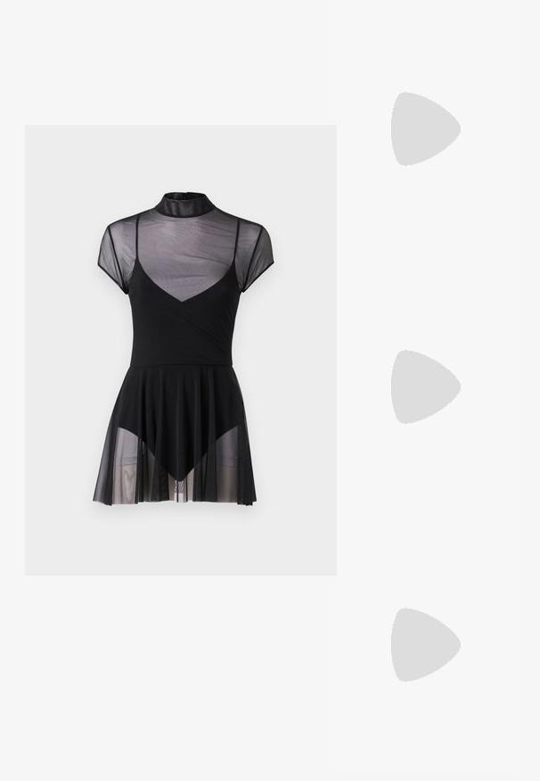 Norma Kamali MOCK NECK CAP SLEEVE  PICKLEBALL DRESS - Kokteilinė suknelė / vakarėlių suknelė - black; Blizgūs auksiniai slingback aukštakulniai bateliai su smailiu pirštu, plona kulkšna ir siauru kulnu. Paviršius turi tekstūruotą metalinį finišą.; Juodas odinis per petį nešiojamas krepšys su dviem priekiniais kišenėmis, auksiniais sagtimis, užtrauktuko uždarymu ir siauromis petnešomis. Textūruota paviršius ir kompaktiškas stačiakampis formatas.; Auksinės metalinės auskarų kabės su lenktą, pailgą forma. Turi lygų, blizgantį paviršių ir užapvalintą galiuką papildomam akcentui.