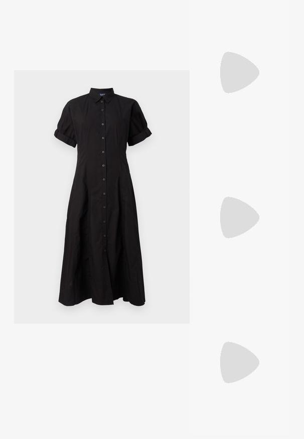 Abito midi nero a maniche corte con bottoni, colletto e risvolti, aderente in vita e svasato verso l'orlo.; Sandalo beige con due ampie cinghie in suede, un'apertura curva e una suola in gomma nera con battistrada testurizzato per una migliore aderenza.; Occhiali da sole tartarugati con lenti marroni, forma rettangolare, aste sottili e design del telaio elegante. Materiale leggero con una superficie liscia.; Borsa intrecciata color cammello con manico arrotondato, realizzata in morbida pelle. Presenta una chiusura con zip e un intricato motivo a cesto.
