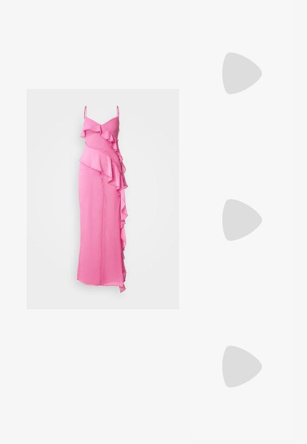 Gina Tricot Tall FRILL DRESS - Alkalmi viselet - wild orchid; Fekete lakkbőr slingback sarkú cipők hegyes orral és kis blokk talppal, ezüst csat díszítéssel a pánton.; Fekete bőrtáska ívelt formával, levehető pánttal és arany színű fémrészekkel. A táskán egy csattal díszített fedél található.; Három fülbevalópár: nagy fehér gyöngy fülbevalók, arany karika fülbevalók, tiszta drágakövekkel, és két hosszú, egyenes arany akcentus fülbevaló csillogó részletekkel.