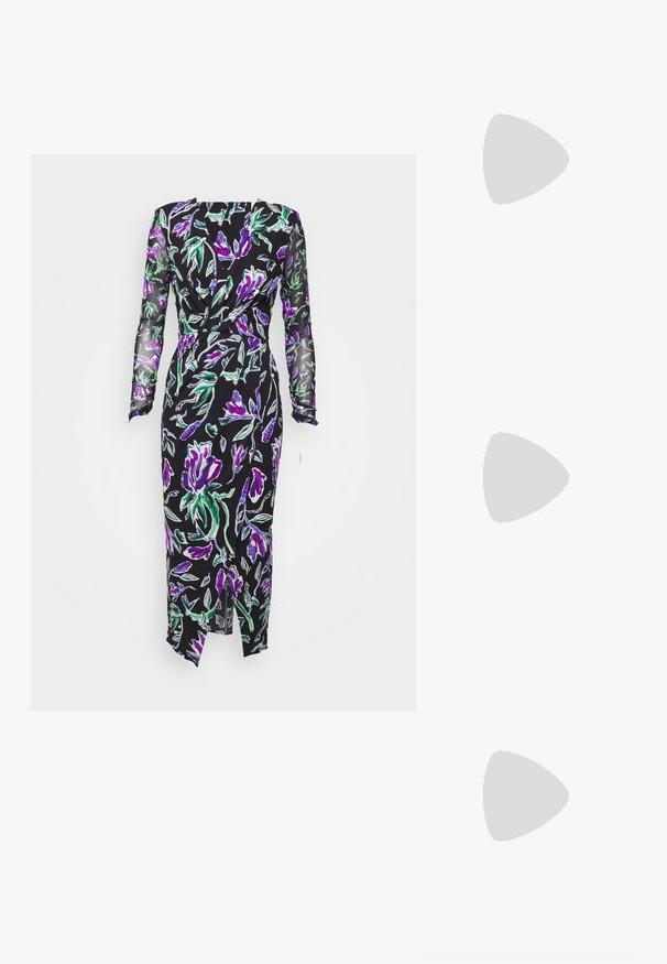 Diane von Furstenberg VIVIANNE DRESS - Vestido de dia - black/multicoloured; Sapato slingback preto em pele patentada com bico apontado, tiras no tornozelo apresentando fivelas e acessórios prateados, e um salto elegante.; Óculos de metal dourado com lentes ovais, hastes finas e almofadas nasais transparentes. Apresenta acentos sutis nas dobradiças e lentes transparentes.; Bolsa de mão em couro acolchoado preto com uma alça de corrente dourada e um fecho de pressionar com um canto circular. Formato retangular compacto.