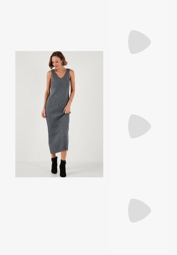 Gray ribbed knit midi dress with a V-neck, sleeveless design, and a fitted silhouette, paired with ankle boots. Smooth textured fabric.; Black patent slingback heel with a pointed toe, featuring textured snake print, adjustable strap, and a short, textured block heel.; Black leather handbag with a rounded shape, a wide strap, and a textured finish. Features a subtle seam detail and a gold-tone hardware accent.; Gold-tone metal hoop earrings with a curved, elongated shape. Features a smooth, shiny surface and a rounded tip for added detail.