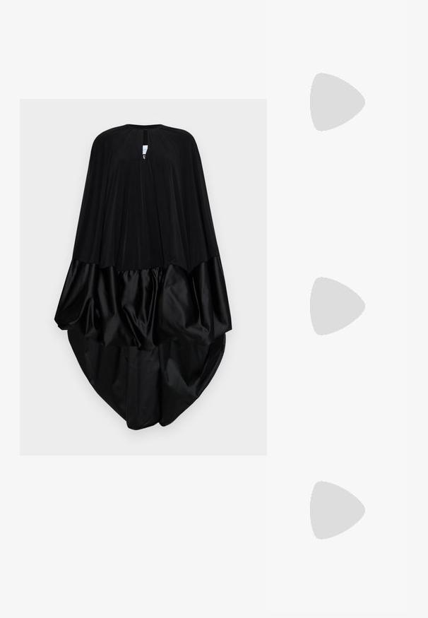 Black cape with a round neckline, pleated fabric at the top, and a smooth satin bottom. The design creates a billowy silhouette.; White heeled sandal with a square toe, two slender straps, and a buckled ankle strap; glittery silver accents on the heel.; Black leather handbag with fringe details, gold chain shoulder strap, and a cut-out handle. Features logo placement on the front.; Gold-tone earrings with multiple cascading chains, featuring clear oval rhinestone accents and decorative stud tops.