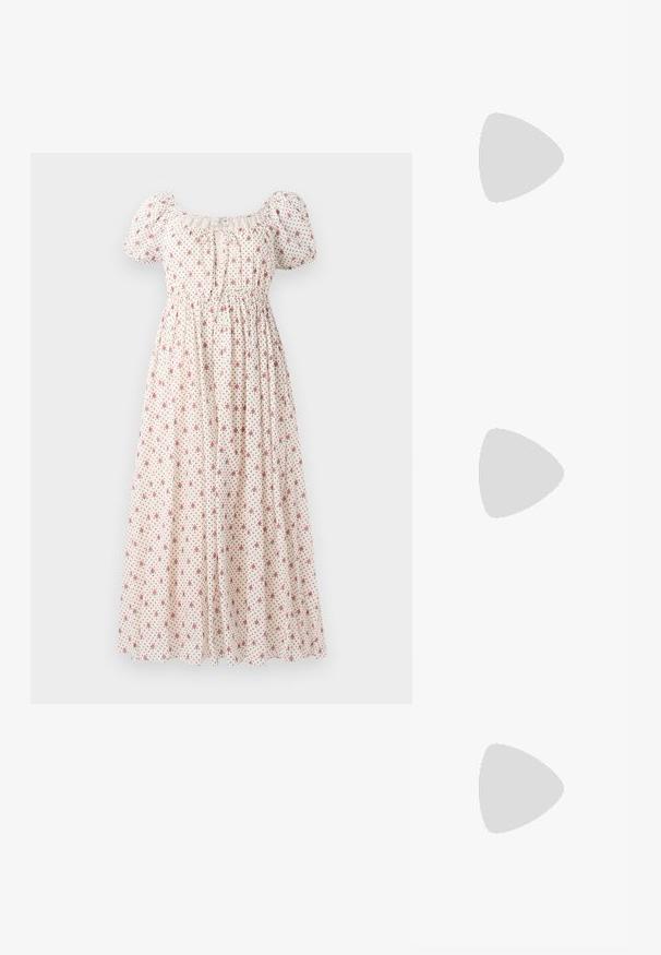 Virágmintás ruha könnyű anyagból, négyzet alakú kivágással, rövid puffos ujjakkal, rugalmas derékrésszel és bézs háttérrel, piros virágokkal.; Stuart Weitzman KITTY - Klasszikus sarkú cipők - beige/barely beige; Barna velúr válltáska, dombornyomott virágmintával, sima barna bőrpánttal és arany színű fém kiegészítőkkel.; Cult Gaia ASHA BODY JEWELRY - Egyéb tartozékok - bright shiny silver-coloured