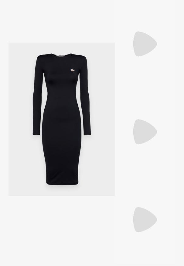 Mustaline musta midi kleit pikka varrukaga, keha lähedane siluett, valmistatud siledast kangast, millel on rinnal väike broderiit logoga.; Must must have must toote tõmblukuga, dekoratiivsed rihmad metallist silmadega ja madal blokk-kand. Tekstureeritud pind.; Must musta käekott tekstureeritud pinnaga, hõbedaste detailidega, kinnitusklammerduse ja lühikese kandmisvööga. Kompaktne ja struktureeritud disain.; Michael Kors PREMIUM - Kõrvarõngad - gold-coloured