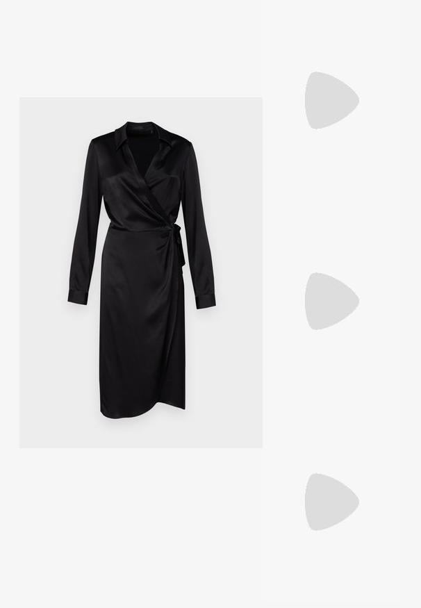 Black satin wrap dress with long sleeves, a collar, and a side tie detail, featuring a smooth texture and knee-length design.; Black high-heeled sandals feature thin straps with a knotted design, a smooth square toe, and a sleek stiletto heel.; Black sunglasses with angular, cat-eye design. Silver mirrored lenses. Slim, lightweight plastic frames with subtle branding on the temples.; Silver metal earrings with a smooth, teardrop shape and a polished finish. Subtle engravings add detail. Minimalist design.