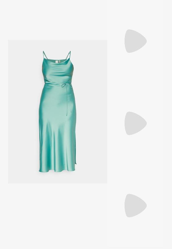 A teal satin midi dress featuring thin straps, a fitted bodice, and a tied waist accent. It has a side slit for movement.; Silver strappy sandals with a flat black sole, featuring thin metallic straps and an adjustable ankle buckle. Smooth texture throughout.; Black oversized sunglasses with a geometric design, rectangular lenses, and glossy finish. No visible branding on the front.; Silver hoop earrings with a smooth, polished finish. Round shape and secure click-top closure. Lightweight design suitable for everyday wear.