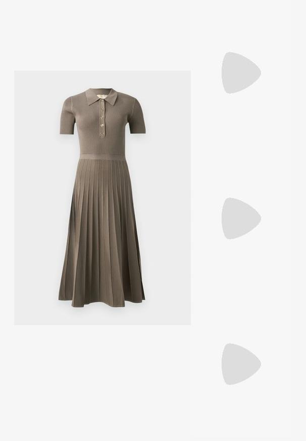 Hallitusseente mustris keskvaheline kleit hall-pruunis, lühikeste varrukatega, polo krae, kuldne nööbipanek ja plisseeritud seeliku disain. Pehme tekstuur.; Mustmust paelad, millel on terav varvas, tekstuuriga maduprindiga, reguleeritav rihm ja lühike tekstuuriga plokknina.; Must küllastamata nahast õlakott, millel on kaks esist nähtavat taskut, kuldsed pandlad, tõmblukuga sulgemine ja peen rihm. Tekstuuriga pind ja kompaktne ristkülikukujuline kuju.; Kuldtoonilised metallist rõngas kõrvarõngad, millel on kõver ja piklik kuju. Omavad siledat, läikivat pinda ja ümarat tipptugevdust, mis lisab detaili.