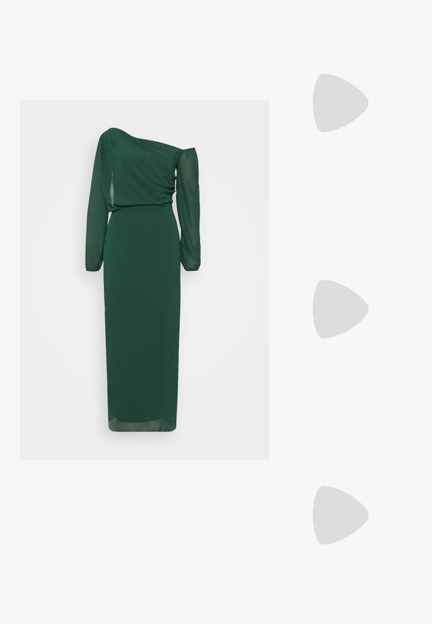 WAL G TALL ABI OFF SHOULDER MAXI - Oblečenie na špeciálnu príležitosť - forest green; Čierne sandále na vysokom podpätku majú tenké remienky s uzlovým dizajnom, hladký štvorcový špičku a elegantný stiletto podpätok.; Svetlošedá metalická kabelka s reťazovým popruhom, ozdobená malými kruhovými kovovými štítkami a trojuholníkovým logom značky.; Strieborné kovové náušnice s hladkým tvarom kvapky a lesklým povrchom. Jemné rytiny pridávajú detail. Minimalistický dizajn.