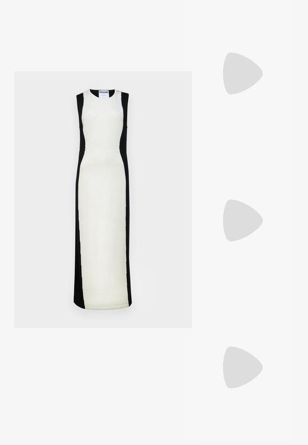 Vestido sem mangas em creme e preto, com uma silhueta ajustada e um design de painéis em contraste, além de um decote redondo. Textura de malha suave.; Sapato de salto alto em pele branca com biqueira pontiaguda, faixa no tornozelo e um salto fino de stiletto. Textura suave com um leve acabamento brilhante.; Clutch dourada em lantejoulas com formato retangular, apresentando uma alça de corrente torcida e um fecho de metal, refletindo a luz com um acabamento texturizado.; Lauren Ralph Lauren BASIC SMALL HOOP - Brincos - gold-coloured