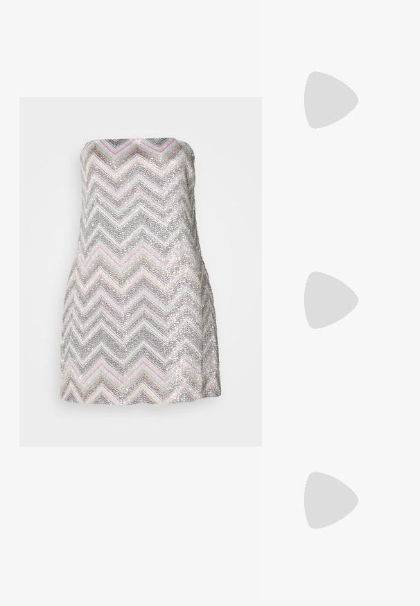 Strapless mini dress featuring a chevron pattern in silver, pink, and gray sequins, with a textured surface and fitted silhouette.; Stuart Weitzman EVA SLINGBACK - Classic heels - black; Black leather handbag with a textured surface, silver hardware, clasp closure, and a short handle for carrying. Compact and structured design.; Gold earrings featuring a cross accent, a textured rounded base with a central gem, and intricate detailing along the edges.