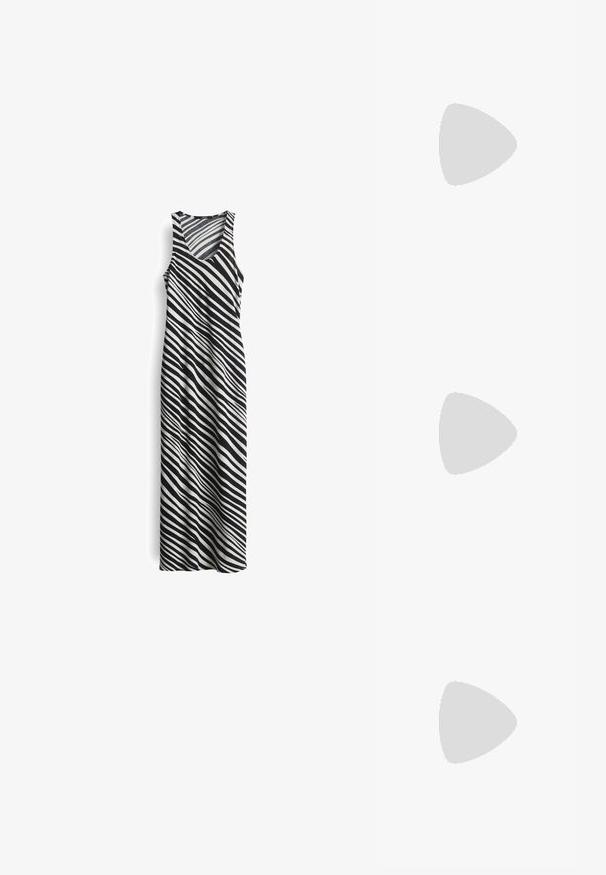 Schwarz-weißer gestreifter Maxikleid mit Rundhalsausschnitt, ärmellosem Design und weichem Stoff, der sanft fällt.; Weißes Baumwoll-T-Shirt mit einem großen, leuchtend roten Hummer-Design auf der Vorderseite. Mit kurzen Ärmeln und klassischem Rundhalsausschnitt.; Weiße hochwertige Leinensneaker mit schwarzer Gummisohle, vorderem Gummizehenschutz und sechs Ösen für Schnürsenkel, die ein sauberes, minimalistisches Design aufweisen.; Rote Lederhandtasche mit einem kantigen, geometrischen Design. Verfügt über einen verstellbaren Schulterriemen und einen Klappenverschluss mit genähten Details.