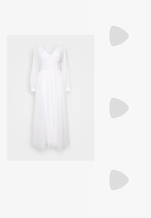 Valge maxi kleit sügava dekolteega, lühi rõhtkanga ning pikkade läbipaistvate varrukatega. Voogav kangas sobitunud vöökoha ja struktureeritud silueti jaoks.; Must mustrakk mustraali pehmedest nahast tossud terava nina ja paksu plokknööbiga. Omab reguleeritavat rihma metallklambriga.; Mustmust mustraha kõverate joontega, eemaldatava rihmaga ja kuldsete detailidega. Kotil on klapp, millel on pandladetail.; Hõbedased rõngaskõrvarõngad, millel on sujuv ja ümar disain, millel on sile pind ja nähtavad kaunistused puuduvad. Diameeter ei ole täpsustatud.