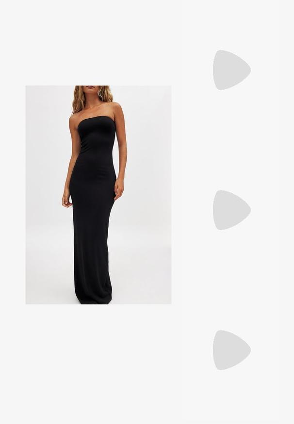 Kvinde iført en stropløs, gulvlængde sort kjole, der står foran en ensfarvet hvid baggrund og viser en minimalistisk mode stil.; Beige slingback sko med spids tå, glat lakeret overflade, mid-block hæl og justerbar rem. Minimalistisk design med åbne sider.; Firkantede solbriller med en lysebrun gennemsigtig ramme, gradient rosa linser og mørkebrune tempelarme. Minimalistisk design med subtile hardwaredetaljer.; Hvid syntetisk håndtaske med en trekantet form, flad forsideklap og sløjfedetalje, justerbar strop, glat tekstur og minimalistisk design.