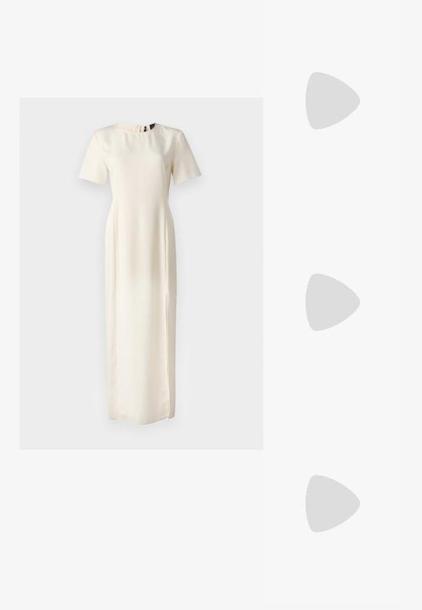 Marella PATTO - Kasdienė suknelė - wool white; Juodas patentuotas odinis batelis su apvalia nosimi, mažas kaspinėlis priekyje ir žemas blokinis kulnas. Sklandus paviršius visame batelio plote.; Plekstinės akinių rėmeliai su žaliais lęšiais, ovalo formos, su auksiniais logotipo aksesuarais šone ir lygiu blizgiu paviršiumi.; Kailiniuotas šviesiai rudas odinis rankinukas su auksinės spalvos detalėmis, grandinėlės petnešomis ir viršutine rankena. Yra priekinė uždanga ir išskirtinis logotipo akcentas.