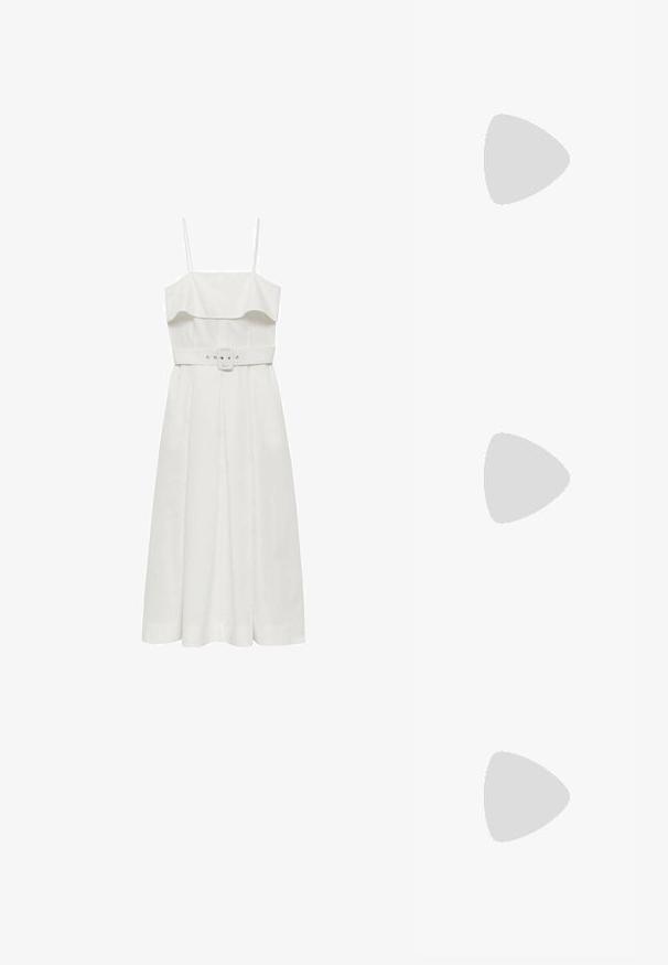 Mango Hverdagskjole - white; Beige slingback-hæle med spids tå og en lav, flared hæl. Fremstillet af glat læder med et minimalistisk design og justerbar rem.; Guldmetal solbriller med firkantet stel, brune gradientlinser og skildpadde-mønster detaljer på stængerne. Letvægtsdesign.; Gylden metal skål med en glat, reflekterende overflade og rund, organisk form. Ingen synlige mønstre eller accenter.